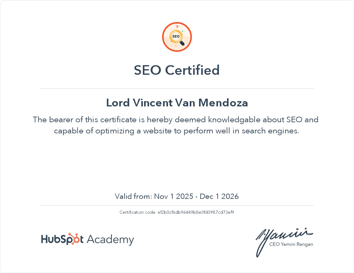 Search Engine Optimization (SEO) Certification from HubSpot - MENDOZA, Lord Vincent Van